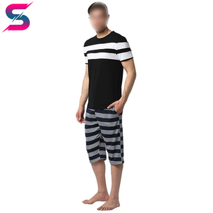 Wholesale Rate Men's Striped Crew Neck T-Shirt With Navy Patterned Capri Shorts <b>Set</b> Summer Casual <b>Knitted</b> Breathable Wear - Product Image 2