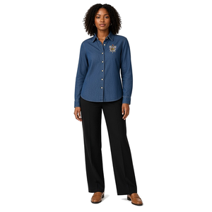 Camisa de Mezclilla Azul Oscuro para Mujer, con Botones, Escudo Bordado Multicolor, Manga Larga, Cuello Camisero, Estilo Casual - Product Image 1