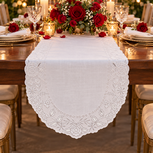 Elegante Camino de Mesa de Algodón Blanco con Bordado Floral, Borde Festoneado, Estilo Vintage, Lavable, Decoración para el Hogar y Cenas Elegantes - Product Image 2
