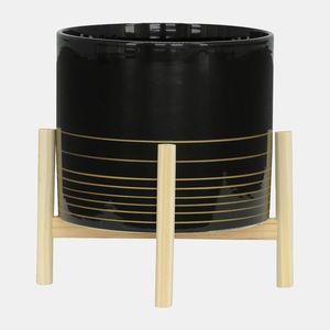 Metal Flower <b>Pot</b> with Wooden Stand Glazed Wabi-Sabi Minimalist Design for Indoor Plants - Product Image 4