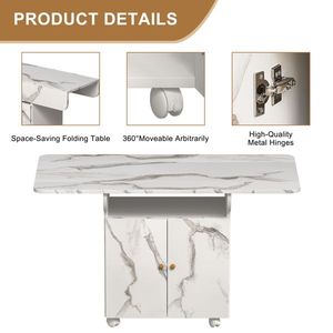 47\" White Marble Color Wood <b>Folding</b> <b>Dining</b> <b>Table</b> with Storage Rack Cabinet & 6 Wheels Removable Entryway <b>Table</b> for Kitchen - Product Image 1