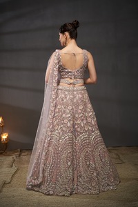 Pink Beaded Lehenga Choli <b>Net</b> Unstitched Wedding Outfit Two Piece Bridal Set for Women - Product Image 5