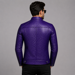 Purple Crocodile Embossed Leather Moto Jacket <b>Men</b> Slim Fit Stand Collar Zipper Closure Regular Sleeve Autumn Style - Product Image 5