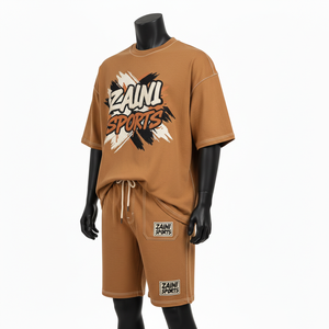 Ensemble t-shirt et short pour homme en jersey de coton de haute qualité, 240 GSM, toucher doux, marron uni, logo imprimé personnalisé - Product Image 4