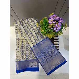 ATRACTIVA KANJIVARAM TEJIDO DE SEDA ZARI TRABAJO SAREE CON BLUSA DESCOSTADA AZUL - Product Image 1