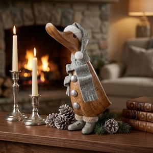 Handmade Wooden <b>Duck</b> Figurine with Gray Scarf and <b>Hat</b> Christmas Table Decoration Rustic Animal Sculpture for Living Room Display - Product Image 3
