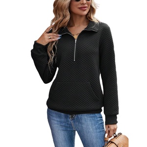 Women's <b>Quilted</b> Half-Zip Stand Collar <b>Sweatshirt</b> Solid Color Long Sleeve Fleece Pullover Autumn Wear - Product Image 2