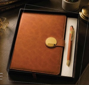Brown Leather Notebook and Pen <b>Gift</b> <b>Set</b> with Gold Clasp Business Promotional Office Kit - Product Image 1