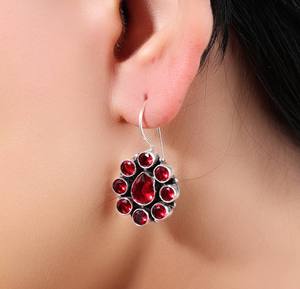 Boucles d'oreilles pendantes en forme de fleur de grenat rouge naturel, en laiton, faites à la main, avec pierres précieuses, vente en gros, bijoux pour femmes - Product Image 3