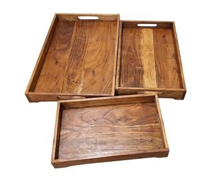 Acacia Wood <b>Rustic</b> Rectangle Serving Tray with Carved Storage Organizer for Kitchen and Living Room - Product Image 1