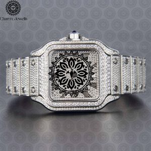 Montre carrée de luxe Charm_Jewells en acier inoxydable, cadran analogique, verre saphir, lunette sertie de diamants, fermoir pliant, unisexe - Product Image 1