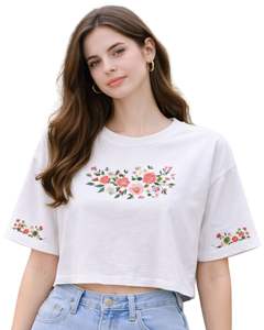 เสื้อยืดครอปผู้หญิงสีขาว ปักลายดอกไม้ แขนสั้น สไตล์ลำลอง แฟชั่น ผ้าคอตตอนผสม เนื้อนุ่ม เสื้อผู้หญิงสำหรับฤดูร้อน ขายส่ง - Product Image 1