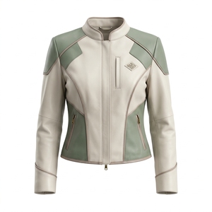 White Cream Green Panel Genuine Leather Women <b>Cafe</b> <b>Racer</b> Motorcycle <b>Jacket</b> Band Collar Zip Front Outerwear Coat - Product Image 1