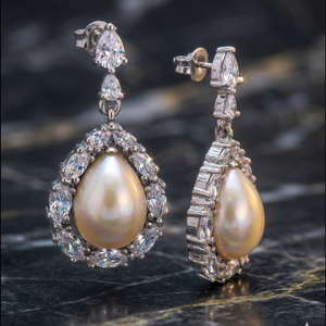 Boucles d'oreilles en perles blanches de luxe, 5 pouces de long, avec CZ, argent sterling 925, plaqué or 18 carats, faites à la main, bijoux pour femmes, prix de gros - Product Image 4