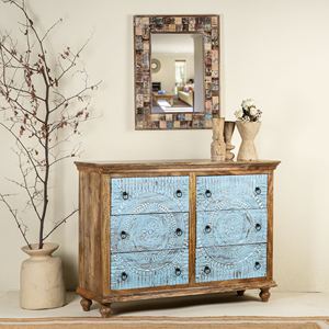 Commode à six tiroirs en bois de manguier sculpté à la main, écologique, bleu rustique, avec motif mandala, meuble de rangement pour salon - Product Image 4
