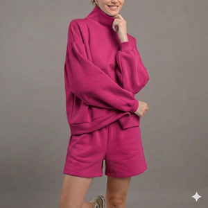 Ensemble court en maille côtelée pour femme, col roulé, au-dessus du genou, uni, doux, thermique, deux pièces, chaud, élégant, confortable pour la maison - Product Image 1