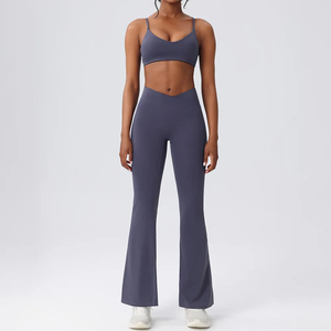 Ensemble de yoga 2 pièces, haut court taille haute, leggings longs, couleur unie, bretelles spaghetti, vêtements de sport pour femmes - Product Image 3