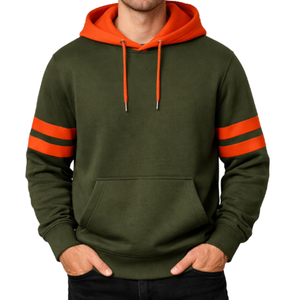 Sudadera con Capucha para Hombre, Diseño Moderno en Verde Oliva y Naranja, Venta al Por Mayor OEM, Sudadera con Capucha de Dos Tonos y Mangas a Rayas - Product Image 1