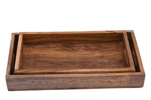 wooden tray rectangular <b>serving</b> tray brown rustic kitchen organizer storage tray dining table <b>serving</b> platter <b>set</b> of 2 - Product Image 3
