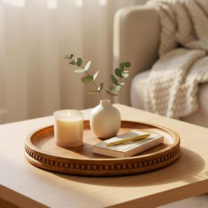 Plateau rond décoratif en bois d'acacia de qualité supérieure, design à bordure perlée, plateau de service décoratif multi-usages pour la maison et la cuisine - Product Image 1