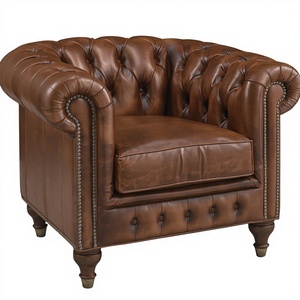 Fauteuil d'appoint classique en cuir marron de style mid-century avec pieds en bois, canapé simple vintage pour salon - Product Image 2