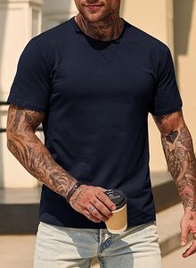 T-shirt en coton bleu marine à manches courtes et col rond pour homme, coupe classique, couleur unie, tricot jersey, teint uni - Product Image 2