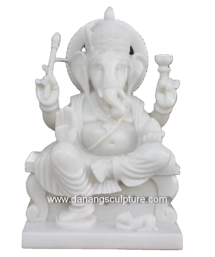 Statue de dieu Hindu en marbre blanc sculpté à la main, Statue de seigneur Ganesha en pierre