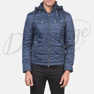 Veste d'hiver matelassée bleu marine pour homme, coupe ajustée, à capuche, chaude, rembourrée, décontractée, style matelassé à bulles. - Product Image 4
