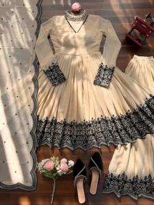 Heavy Faux Georgette Thread Embroidery Palazzo Set Ready To Wear Fully Stitched 3 Piece Ethnic Suit M To 44 Size Bulk Supply - Product Image 5