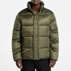 Men Heavyweight Olive Green Puffer Jacket Glossy Stand Collar Winter Warm Quilted Outerwear Casual Street wear Puffer <b>Coat</b> - Product Image 1