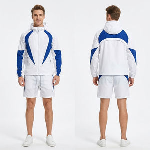 Men's White Blue Color Blocking Hooded Tracksuit Lightweight Breathable Sporty Full Sleeve Shorts Zipper Fly Regular Fit Summer - Product Image 2