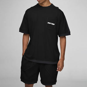Conjunto de Camiseta y Pantalones Cortos de Algodón Negro Unisex con Logotipo Personalizado, Cuello Redondo, Manga Corta, Corte Regular, Color Sólido, Bolsillo Delantero, Casual - Product Image 1