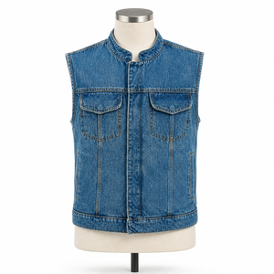 Gilet en jean bleu vintage sans manches pour homme, col montant, double poche poitrine, veste en jean délavée, logo personnalisé, streetwear, gilet en jean OEM - Product Image 6