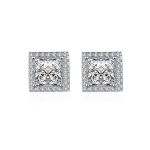 Womens 925 Silver <b>Moissanite</b> Diamond Princess Cut Stud <b>Earrings</b> Lightweight Square Halo Luxury Jewelry Elegant Gift for Her - Product Image 6