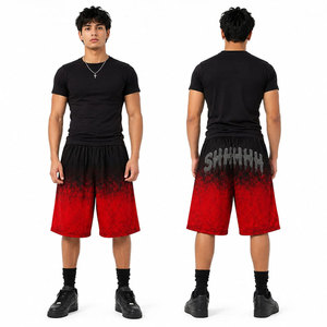 Shorts pour hommes noir et rouge dégradé avec imprimé sequins SHHHH au dos, taille élastique, séchage rapide, style urbain - Product Image 2