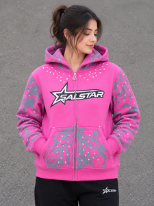 SALSTAR Sweat-shirt rose à capuche pour femme, manches longues, imprimé, à sequins, avec fermeture éclair et poche avant, tenue décontractée d'automne - Product Image 1