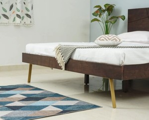 Midcentury Modern Platform <b>Bed</b> <b>Queen</b> <b>Size</b> Solid Mango Wood Frame With Geometric Headboard And Metal Legs Assemblable Design - Product Image 6