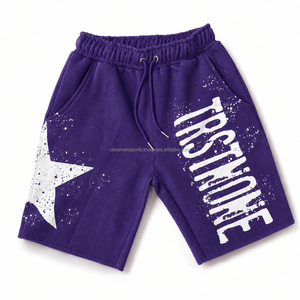 Shorts Bermuda en coton gris pour homme avec imprimé étoiles et texte, taille à cordon de serrage, style décontracté - Product Image 2