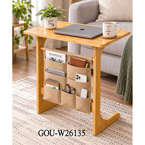 Bamboo Sofa <b>Side</b> <b>Table</b> <b>with</b> Hanging <b>Storage</b> Organizer Modern Wood Living Room Furniture Minimalist Design - Product Image 2