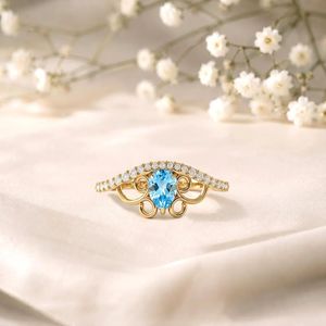 แหวนแต่งงานโทแพซสีฟ้าธรรมชาติทรงลูกแพร์ ทำมือ เงินแท้ 925 ชุบทอง 18K เครื่องประดับงานแต่งงาน ของขวัญเครื่องประดับชั้นดี - Product Image 2