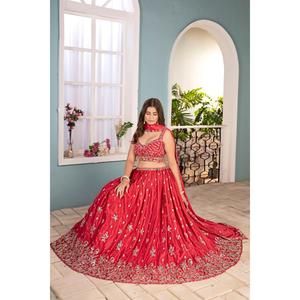 Lehenga, Blusa y Dupatta con Lentejuelas y Bordado de Cordón para Novias, Bodas, Fiestas, Estilo Étnico y Festivo - Product Image 6