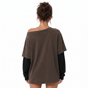 T-shirt femme à épaules dénudées double couche, brodé, manches longues, 100% coton, 2 en 1 - Product Image 2