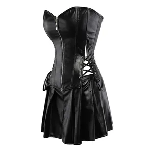 Conjunto de corsé de cuero auténtico para mujer al por mayor, personalizado, sin tirantes, con cremallera frontal, cordones laterales, bustier overbust y falda plisada. - Product Image 2