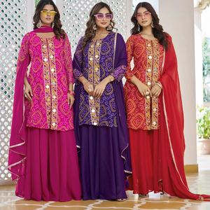 Traje Kurta Plazzo Dupatta de Foux Georgette con Bordado Badhani y Diseño de Hilo Impreso - Product Image 1