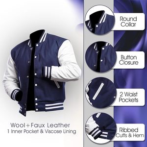 Veste universitaire pour homme de couleur marron avec manches en cuir PU rouge, logo M brodé, style preppy, col rabattu, coupe classique - Product Image 5