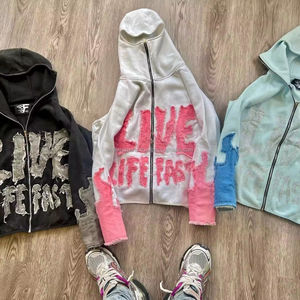 Sweat à capuche court pour hommes avec fermeture éclair graphique personnalisé vintage broderie patchwork poids lourd avec appliques lavées à l'acide 80% - Product Image 5