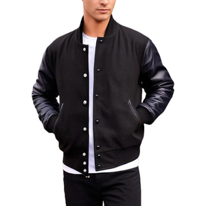 Veste universitaire personnalisée pour homme en gros, corps en laine rouge, manches en cuir PU noir, coupe ajustée, style bomber décontracté, manteau de baseball - Product Image 1