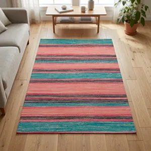 Alfombra HILTEX Moderna de Tejido Plano con Diseño de Rayas, Base de Látex Delgada, Rectangular, Hecha a Mano, Lavable, de Algodón para el Hogar - Product Image 3
