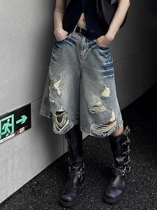 DENIMGUYS Jorts en jean personnalisés pour homme, style vintage, d'été, effet vieilli et usé, avec patchs et appliques, coupe charpentier, streetwear, jambe large, ourlet dégarni - Product Image 3