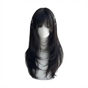 Perruque synthétique noire longue à ondulations naturelles de haute qualité, avec raie au milieu, en fibre résistante à la chaleur, aspect naturel - Product Image 5